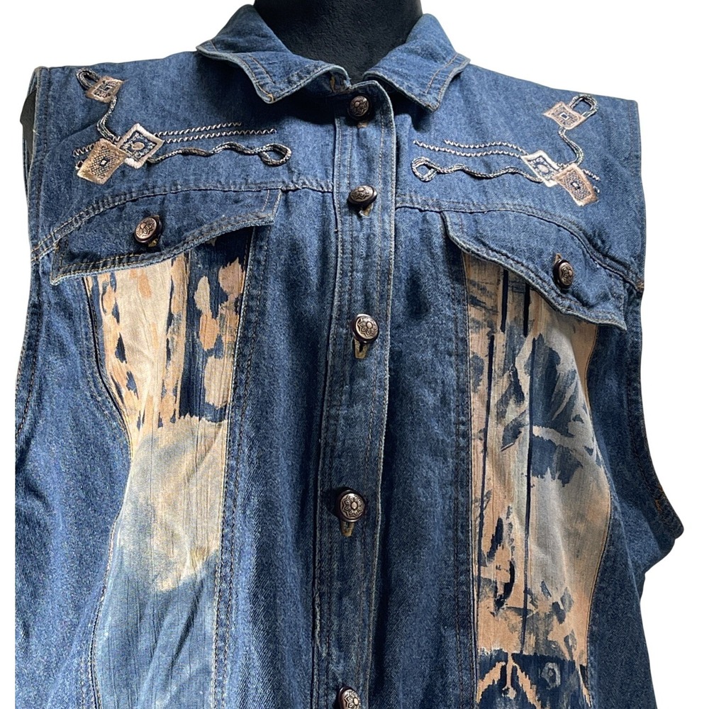 Saint Germain Vintage Denim Vest Embroidered Batik Panels Blue Large SF02509